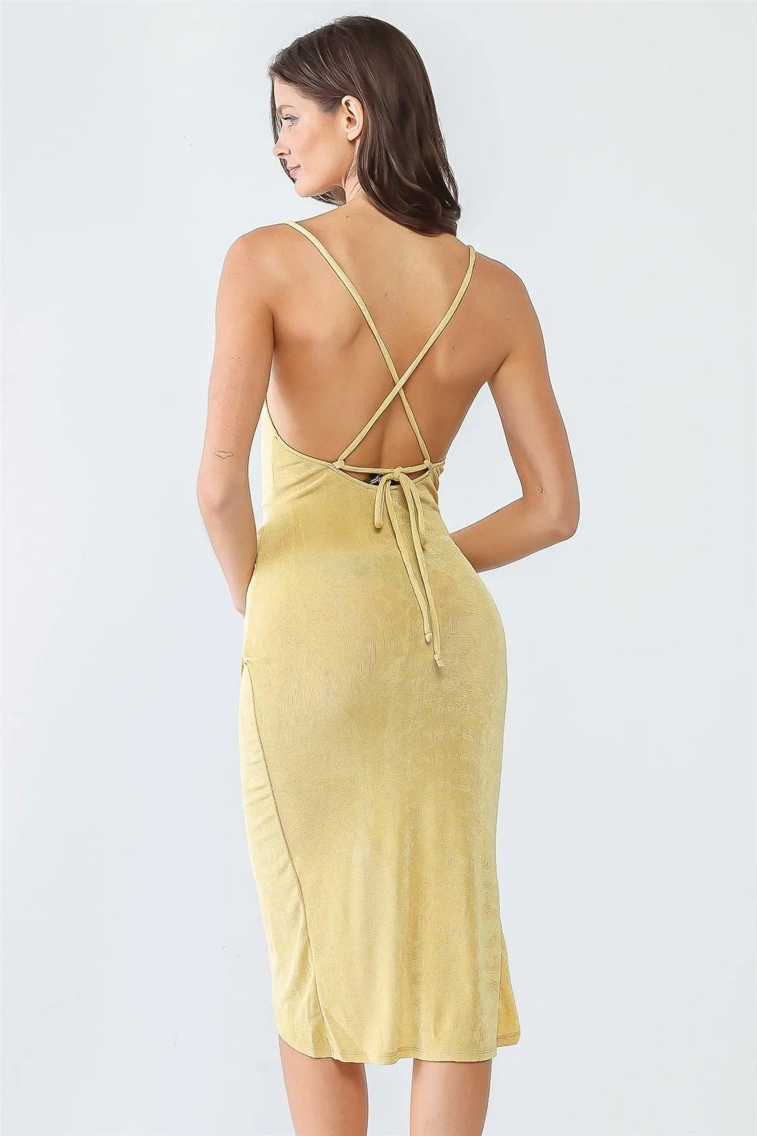 Light Yellow Satin Asymmetrical Slit Cami Dress