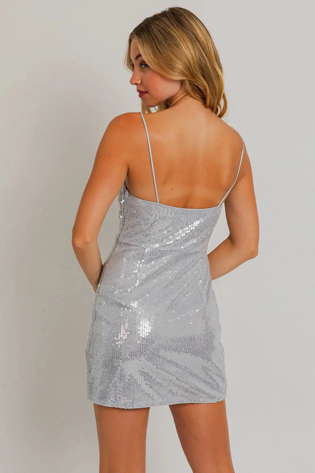 Shiny Silver Sequin Spaghetti Strap Party Dress