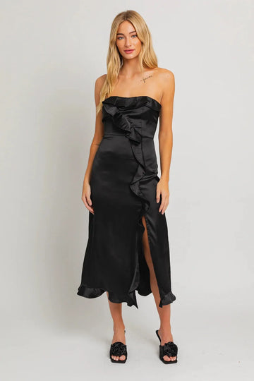 Black Strapless Ruffled Slit Gown