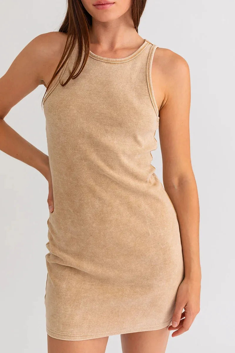 Solid Color Round Neck Sleeveless Bodycon Mini Dress