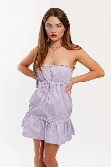 Light Purple Strapless Ruched Waist Mini Dress