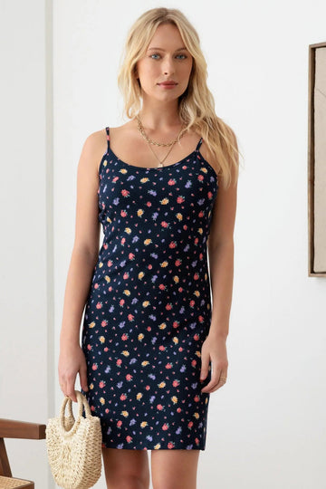 Navy Blue Printed Spaghetti Strap Casual Dress