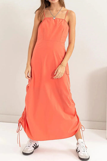 Drawstring Spaghetti Strap Loose Casual Maxi Dress