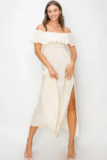 Off-Shoulder Ivory Slit Maxi Dress