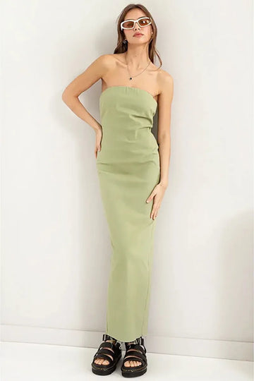 Light Green Strapless Slit Maxi Dress