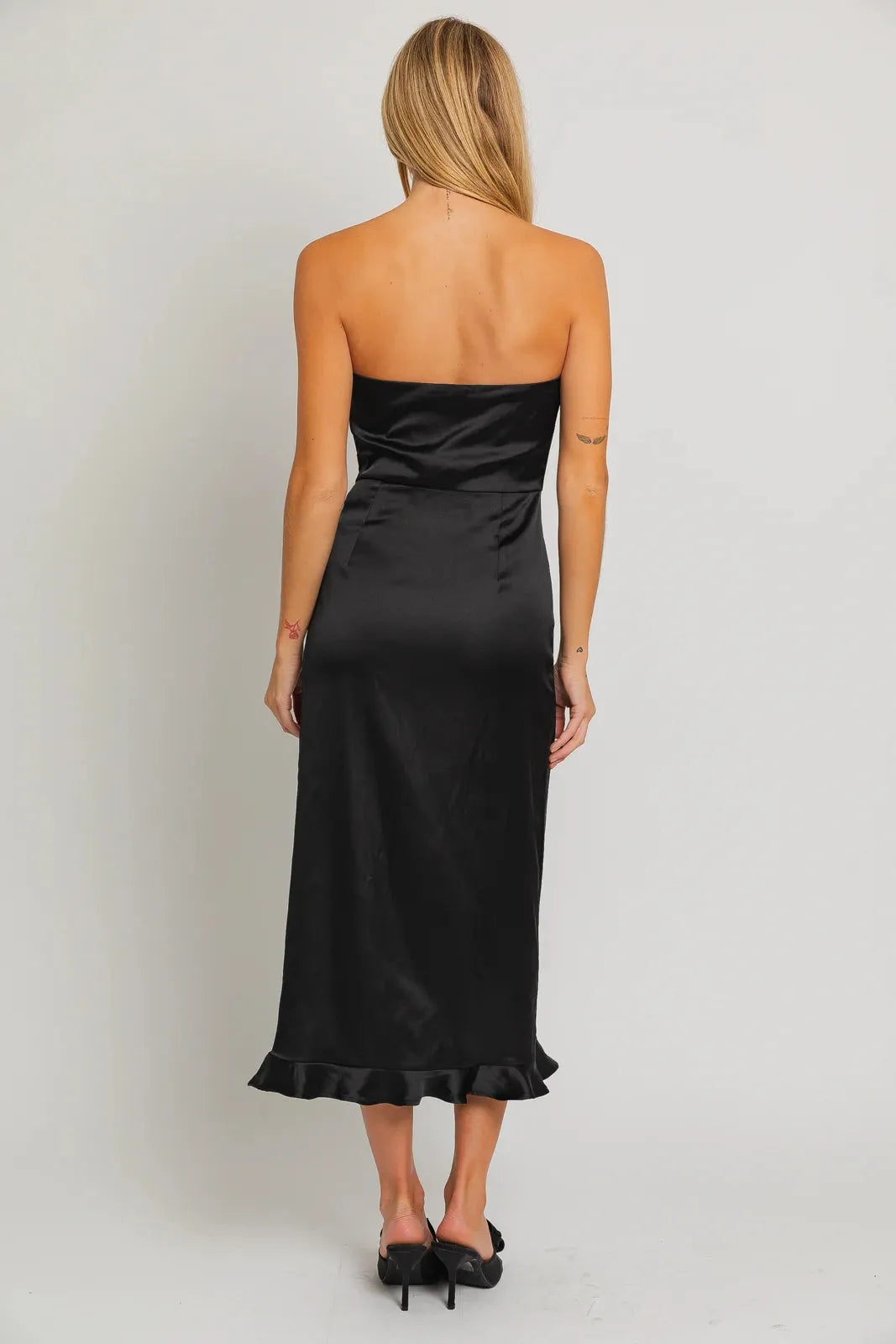 Black Strapless Ruffled Slit Gown