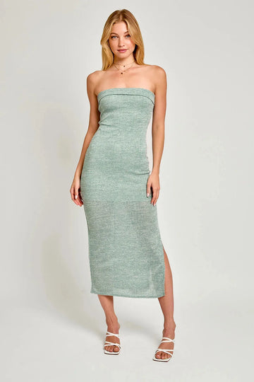 Light Green Strapless Back-Tie Slit Midi Dress
