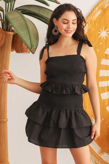 Black Spaghetti Strap Ruffled Tiered Dress