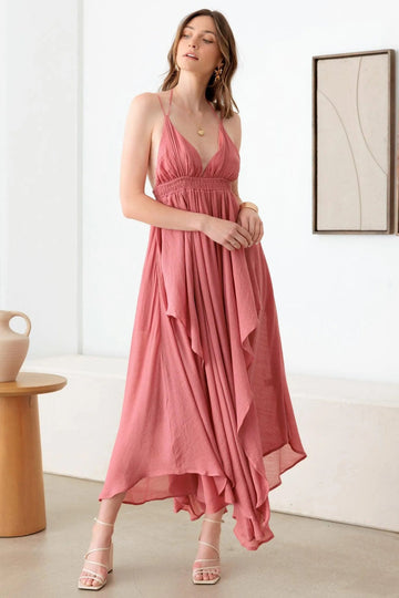 Rose Pink Spaghetti Strap Asymmetrical Hem Maxi Dress