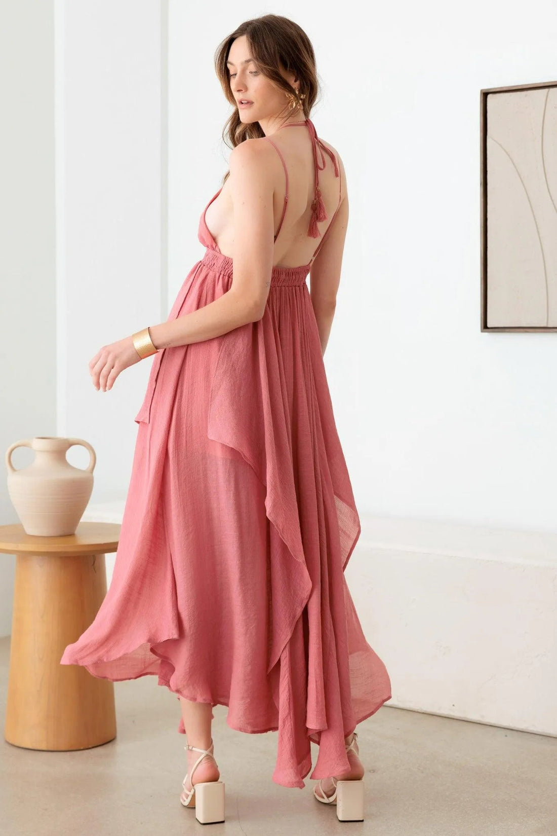 Rose Pink Spaghetti Strap Asymmetrical Hem Maxi Dress