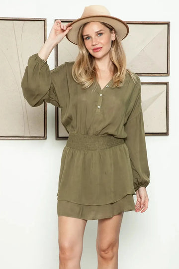 Loose Fit V-Neck Long Sleeve Shirt Dress