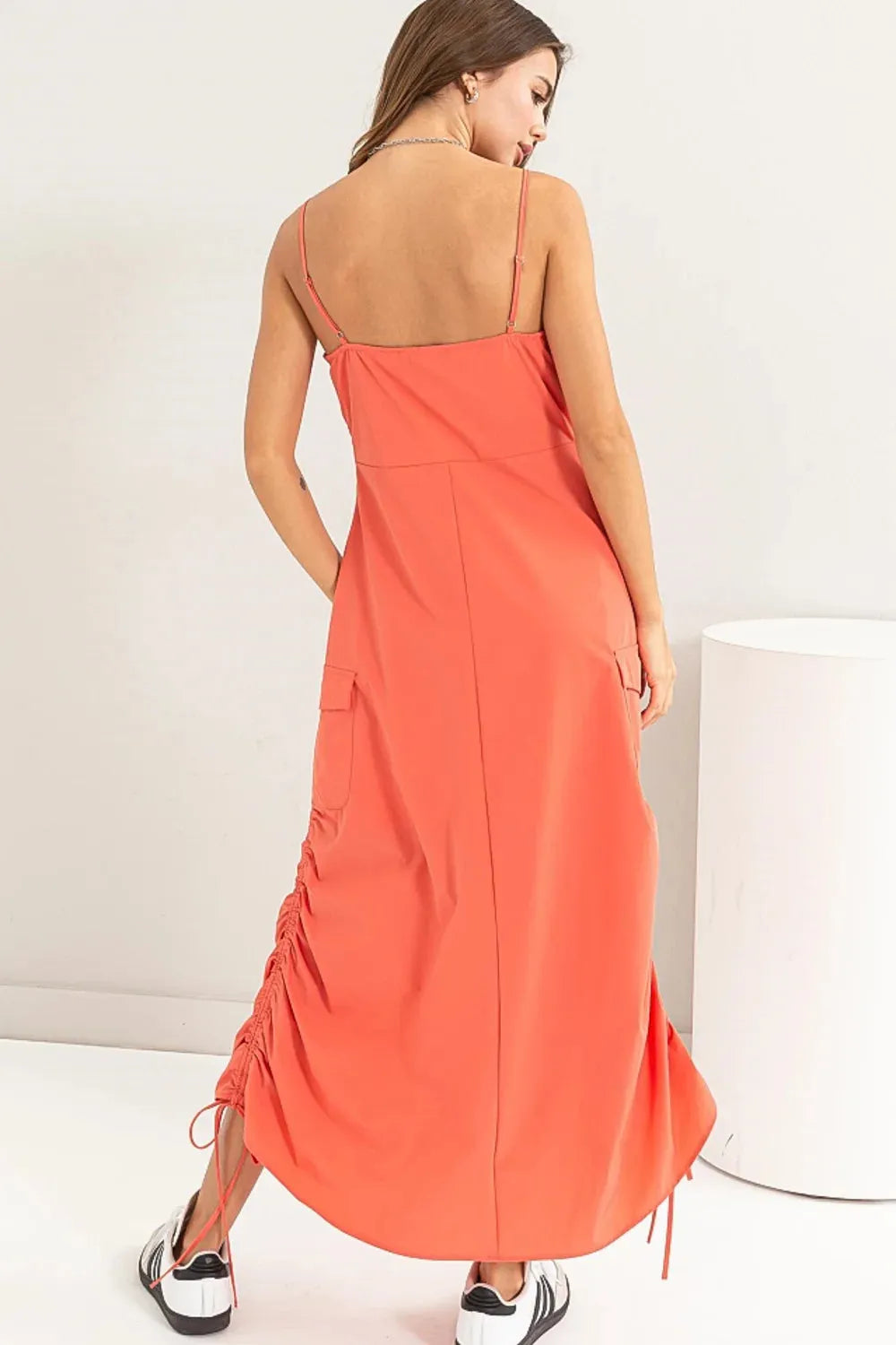Drawstring Spaghetti Strap Loose Casual Maxi Dress