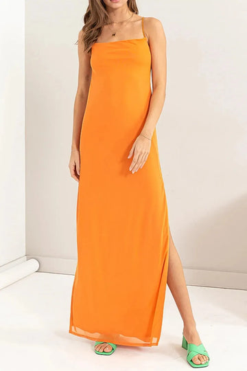Orange Strapless Slit Maxi Dress
