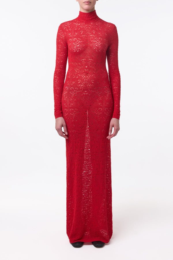 Lethe Pointelle Knit Maxi Dress in Scarlet Red Virgin Wool Silk - Image 3