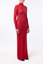 Lethe Pointelle Knit Maxi Dress in Scarlet Red Virgin Wool Silk - Image 4