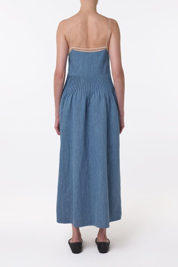 Althea Lace Slip Maxi Dress in Light Blue Recycled Cotton Linen Denim - Image 5