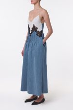 Althea Lace Slip Maxi Dress in Light Blue Recycled Cotton Linen Denim - Image 4