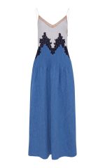 Althea Lace Slip Maxi Dress in Light Blue Recycled Cotton Linen Denim