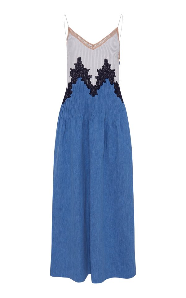 Althea Lace Slip Maxi Dress in Light Blue Recycled Cotton Linen Denim - Image 1