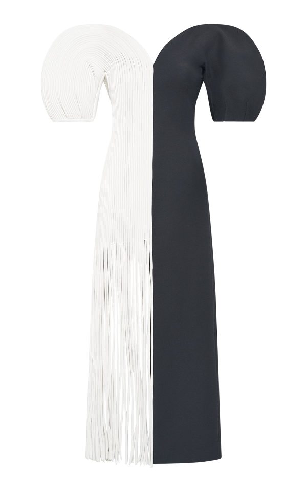 Lysander Fringe Midi Dress in Ivory Nappa Leather & Black Wool Silk Cady - Image 1