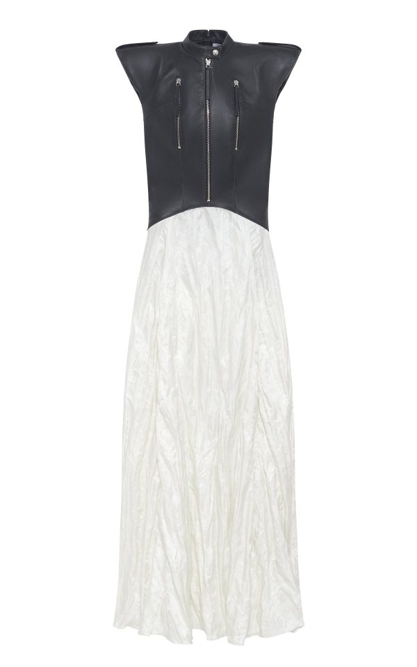 Athena Moto Midi Dress in Black Leather & Ivory Metallic Crinkled Silk - Image 1