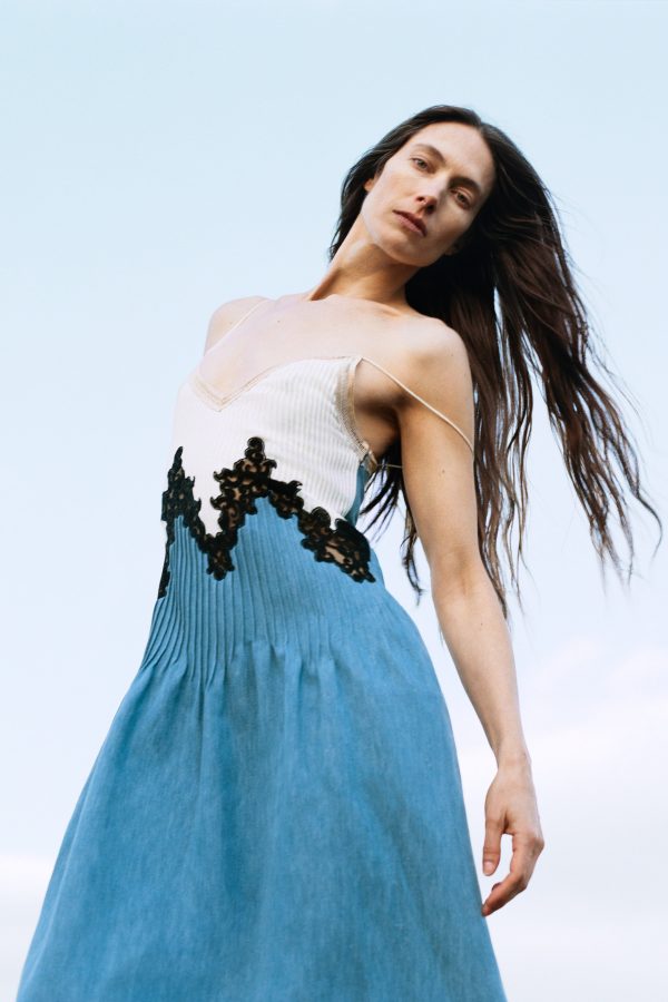 Althea Lace Slip Maxi Dress in Light Blue Recycled Cotton Linen Denim - Image 2