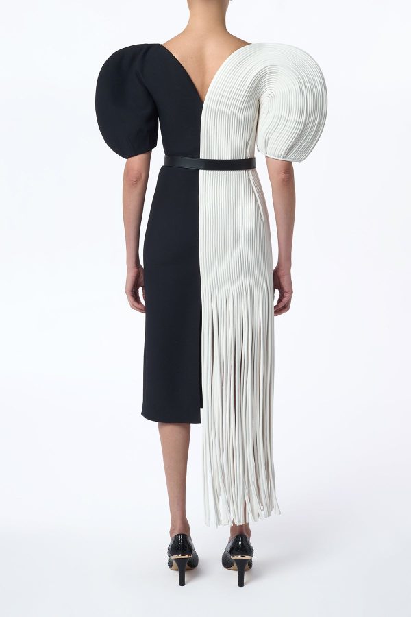 Lysander Fringe Midi Dress in Ivory Nappa Leather & Black Wool Silk Cady - Image 6