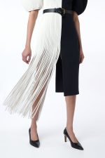 Lysander Fringe Midi Dress in Ivory Nappa Leather & Black Wool Silk Cady - Image 9