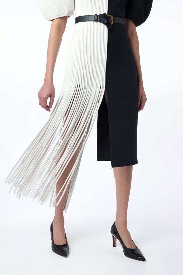 Lysander Fringe Midi Dress in Ivory Nappa Leather & Black Wool Silk Cady - Image 9