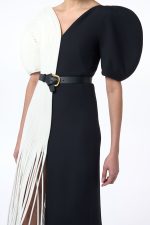 Lysander Fringe Midi Dress in Ivory Nappa Leather & Black Wool Silk Cady - Image 7