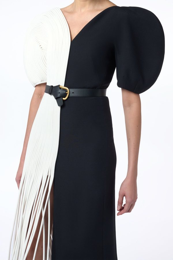 Lysander Fringe Midi Dress in Ivory Nappa Leather & Black Wool Silk Cady - Image 7