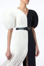 Lysander Fringe Midi Dress in Ivory Nappa Leather & Black Wool Silk Cady - Image 4