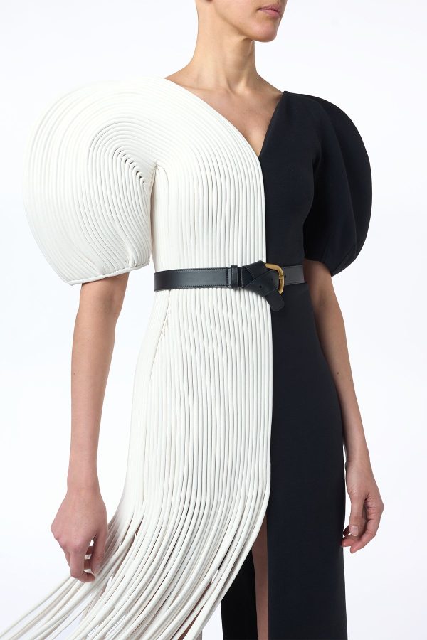 Lysander Fringe Midi Dress in Ivory Nappa Leather & Black Wool Silk Cady - Image 4