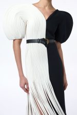 Lysander Fringe Midi Dress in Ivory Nappa Leather & Black Wool Silk Cady - Image 8