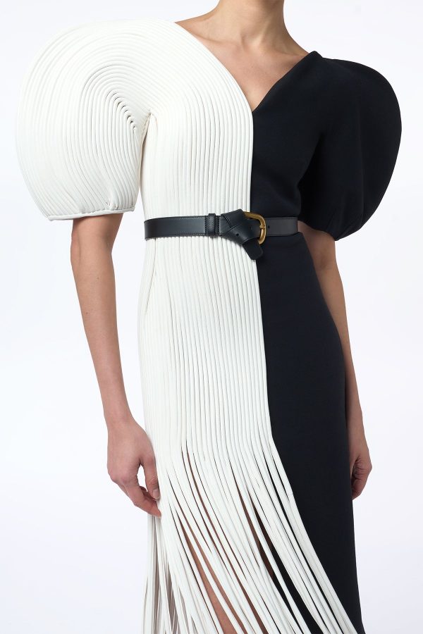 Lysander Fringe Midi Dress in Ivory Nappa Leather & Black Wool Silk Cady - Image 8