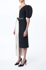 Lysander Fringe Midi Dress in Ivory Nappa Leather & Black Wool Silk Cady - Image 5