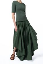 Sirona Pleated Maxi Dress in Olive Virgin Wool Silk with Linen - Image 2