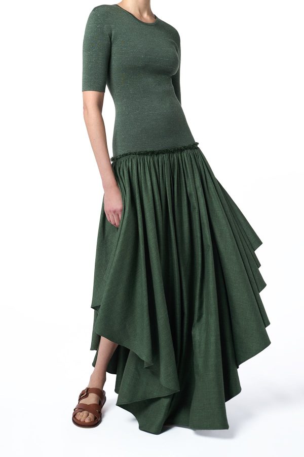 Sirona Pleated Maxi Dress in Olive Virgin Wool Silk with Linen - Image 2