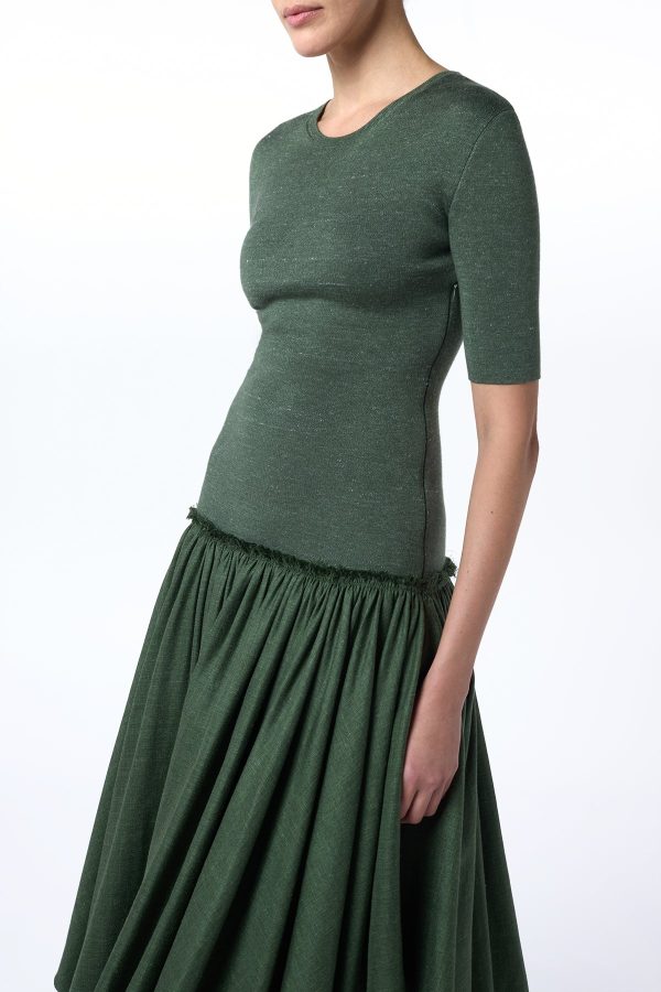 Sirona Pleated Maxi Dress in Olive Virgin Wool Silk with Linen - Image 3