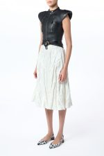 Athena Moto Midi Dress in Black Leather & Ivory Metallic Crinkled Silk - Image 6