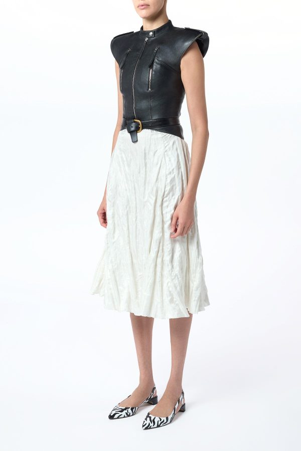 Athena Moto Midi Dress in Black Leather & Ivory Metallic Crinkled Silk - Image 6