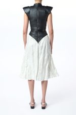 Athena Moto Midi Dress in Black Leather & Ivory Metallic Crinkled Silk - Image 7