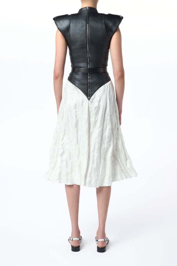 Athena Moto Midi Dress in Black Leather & Ivory Metallic Crinkled Silk - Image 7