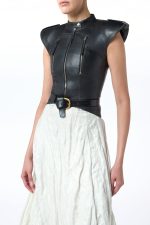 Athena Moto Midi Dress in Black Leather & Ivory Metallic Crinkled Silk - Image 4