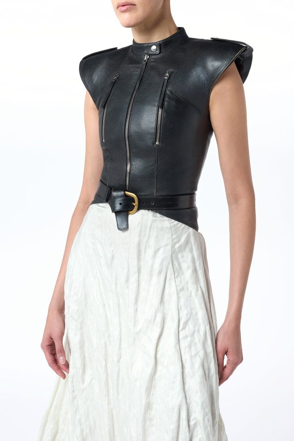 Athena Moto Midi Dress in Black Leather & Ivory Metallic Crinkled Silk - Image 4