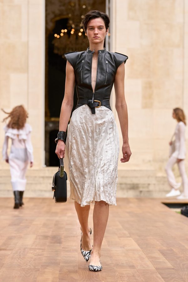 Athena Moto Midi Dress in Black Leather & Ivory Metallic Crinkled Silk - Image 2
