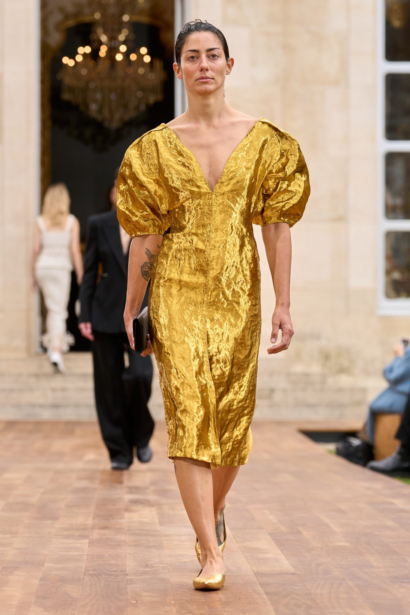 Fides Midi Dress in Gold Metallic Silk - Image 2