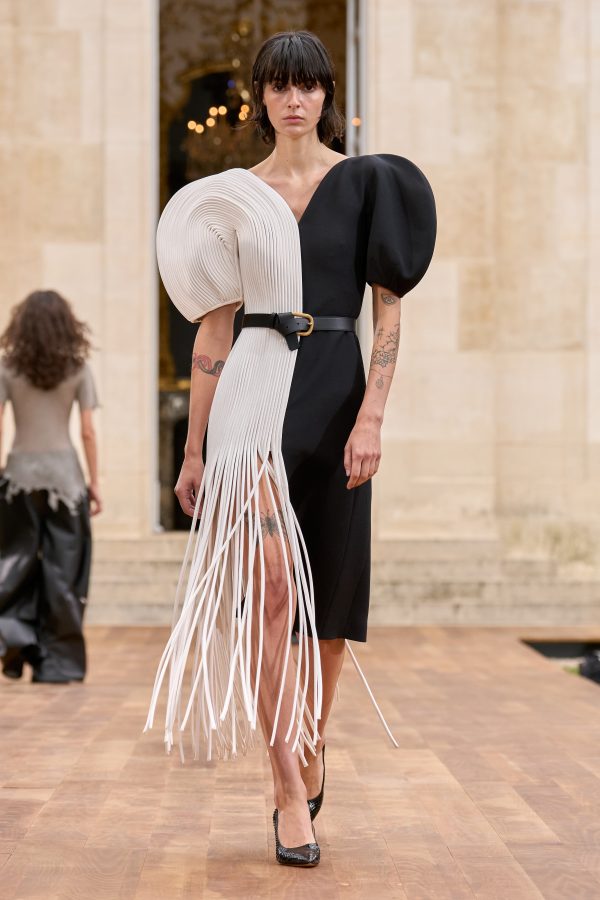 Lysander Fringe Midi Dress in Ivory Nappa Leather & Black Wool Silk Cady - Image 2