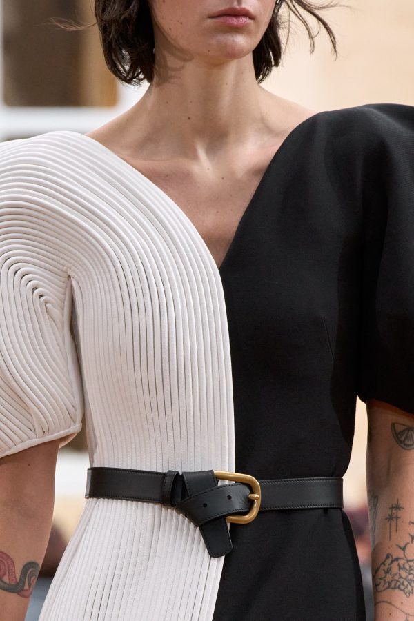 Lysander Fringe Midi Dress in Ivory Nappa Leather & Black Wool Silk Cady - Image 3