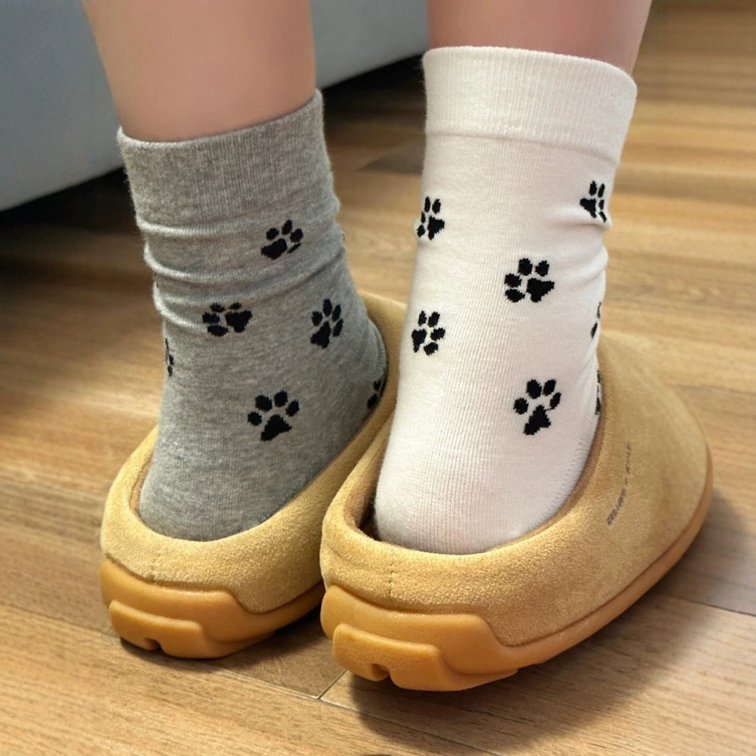 Cute Paw Print Cotton Socks – Soft Breathable Mid-Calf Socks for Women (White / Gray / Black) - Image 2